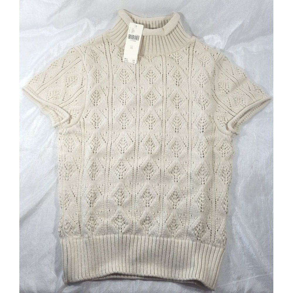 Anthropologie Women's Mock Rolled Neck Cap Sleeves Pointelle Sweater - Ivory XS